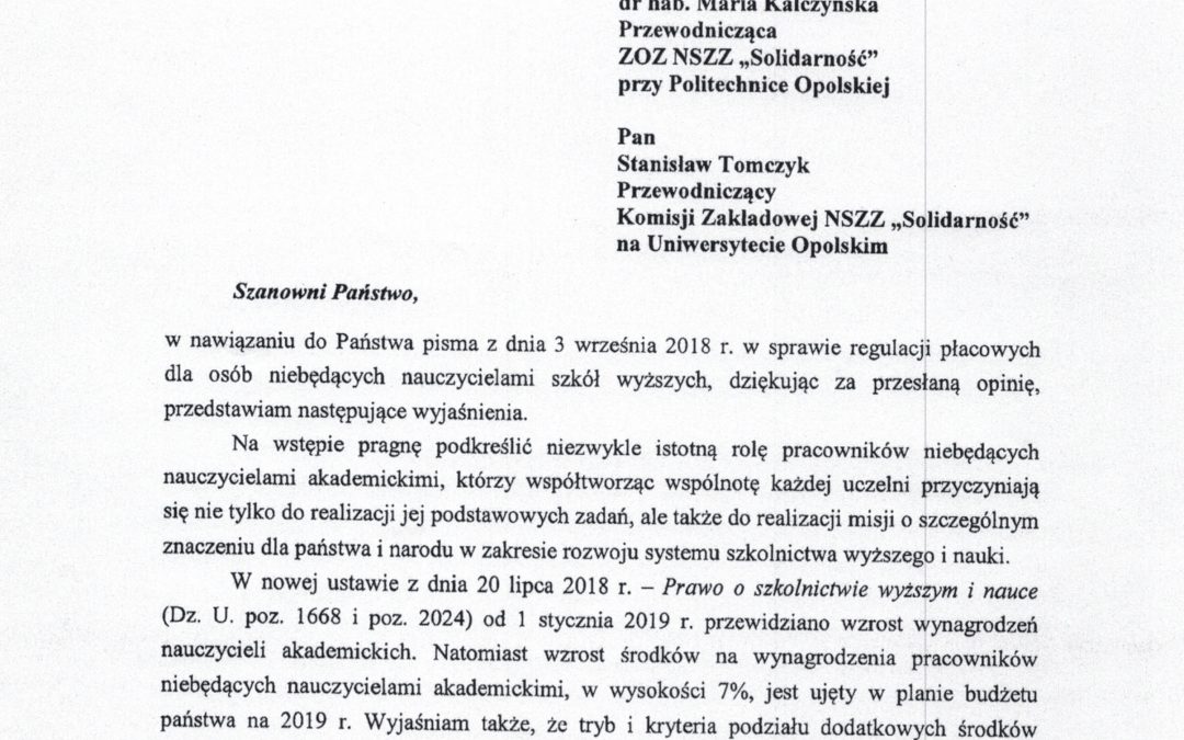 Odpowiedź MNiSW na Stanowisko KZ NSZZ Solidarność przy UO i PO dot. WYNAGRODZEŃ DLA NIE NAUCZYCIELI w ustawie o szkolnictwie wyższym i nauce