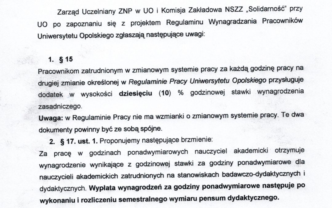 Uwagi KZ NSZZ Solidarność i Zarządu ZNP do projektu Regulaminu Wynagrodzeń