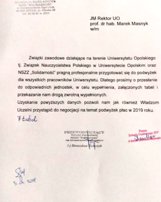 Pismo do JM Rektora UO prof. dr hab. Marka Masnyka w sprawie podwyżek