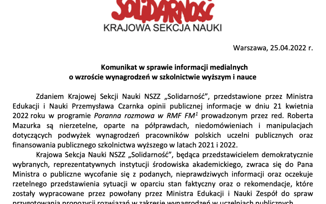 Komunikat KSN w sprawie informacji medialnych o wzroście wynagrodzeń