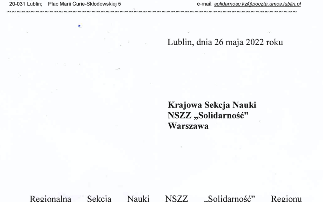 Stanowisko Przewodniczącego RSN Regionu Środkowowschodniego NSZZ „Solidarność” Pana Józefa Kaczora, w sprawie przywrócenia demokracji akademickiej