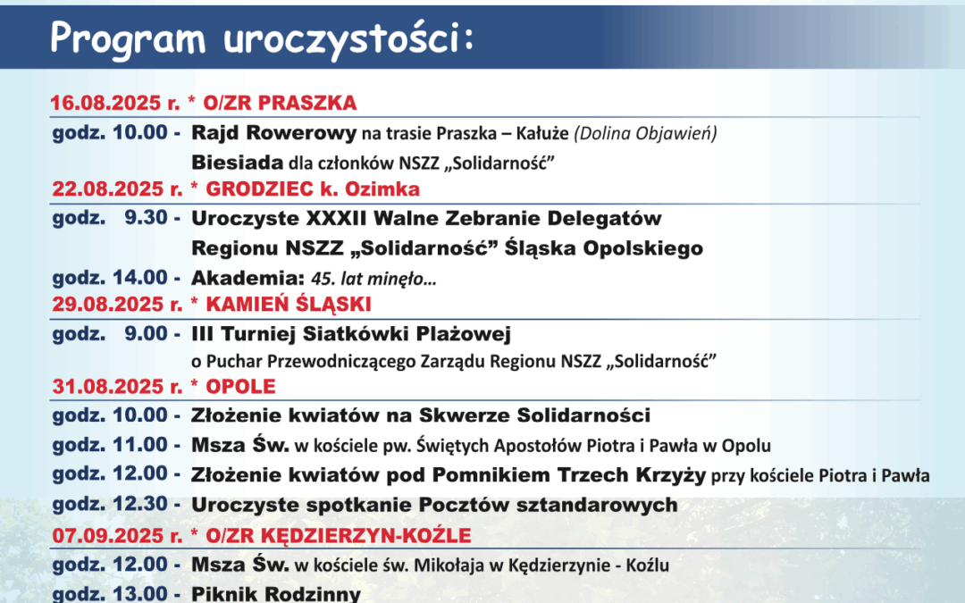 Obchody 45. rocznicy powstania NSZZ „Solidarność” na Opolszczyźnie